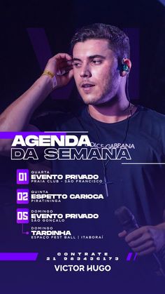 a man holding a microphone in front of his face with the words agenda da semana on it