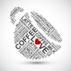 the word coffee is made up of words that are in different languages and have hearts on them