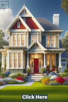 a large house with lots of windows and flowers in the front yard is featured on this poster