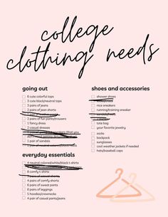 the college clothing needs checklist is shown in black and white, with pink background