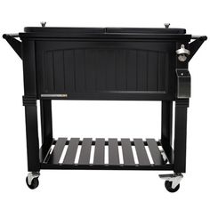 a black barbecue grill with wheels on it