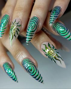 Trippy French Tip Nails, Simple Hippie Nails, Princess Mononoke Nails, Electric Forest Nails, Chrome Art Nails, White Acrylic Designs, Nails Design 2024, Alcohol Nails, Nature Inspired Nails