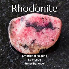 a rock with the words rhodonite on it and an image of a heart