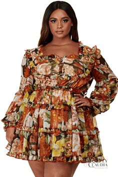 EDGY PLUS: Lilly Floral Print Dress Tiered Chiffon Dress, Plus Size Clothing Uk, Plus Size Skater Dress, Gathered Dress, Autumn Colours, Online Clothing Boutiques, Modern Square, Gathered Skirt, Dresses Uk