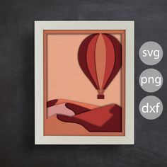 an image of a hot air balloon floating in the sky with text below it that reads svg png dxf