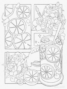 a coloring page with fruit and flowers on it