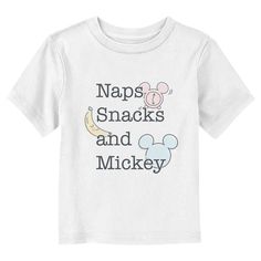 Who knew that dressing "mousey" could be so cute!? Celebrate Walt Disney's most iconic character with this officially licensed Disney Mickey Mouse & Friends Naps Snacks Mice Toddlers' Graphic T-shirt! This adorable tee features the text: "Naps Snacks and Mickey," with the classic Mickey logo, an alarm clock, and a banana colored in pastel colors across the front. Grab some new Mickey Mouse & Friends apparel for the youngest member of the family and make your next trip to the Disney parks a memor Mickey Logo, New Mickey Mouse, Bear Girl, Graphic Tee Design, Mickey Mouse And Friends, Toddler Boy Outfits, Top Graphic Tees, Disney Girls, Mickey And Friends