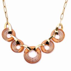 "A fine hand made 1940s high Art Deco necklace in rose and yellow gold.  This divine necklace features a central hand made focus that is hand crafted in rose and yellow gold. The design is exceptionally streamlined.  The necklace measures 17\" long and is 13/16\" wide (432mm x 20mm). Made from fine 14K rose and yellow gold it weighs a total of 23.19 grams.  It is in lovely condition and is ready to gift or to wear.  This is a one of a kind original Art Deco necklace not a reproduction item in th Formal Rose Gold Metal Chain Necklace, Elegant Pink Gold Jewelry With Chain, Elegant Pink Gold Chain Jewelry, Rose Gold Round Chain Necklace, Yellow Gold Polished Metal Necklace, Polished Yellow Gold Metal Necklace, Gold Round Art Deco Jewelry, Yellow Gold Polished Necklace, Art Deco Yellow Gold Jewelry For Jewelry Making