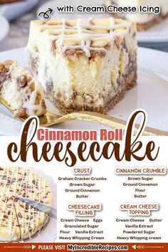 an advertisement for cinnamon roll cheesecake on a plate