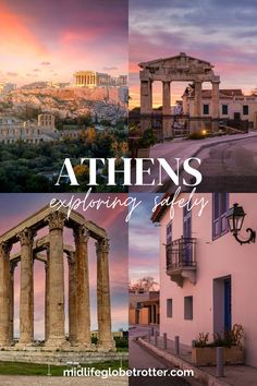 Four scenes of Athens, Greece at sunset, illuminated by a pink sky. Ancient ruins including the Acropolis and the Parthenon. And a street scene in the Plaka area. Athens Nightlife, Athens Travel Guide, Athens Food, Things To Do In Athens, Athens Travel, Capital Cities, Solo Trip, On My Own