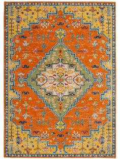 an orange and blue rug with many different colors