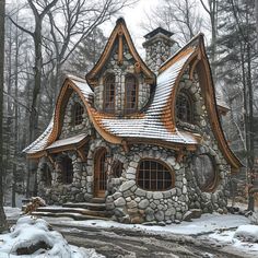 a small stone house in the woods with snow on the ground and trees around it