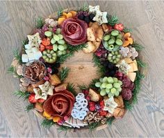 a wreath made out of different types of food