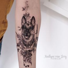 Flowery German Shepherd Tattoo Design Tattoo Perro, German Shepherd Tattoo, Pet Portrait Tattoos, Shepherd Tattoo, Pet Tattoo Ideas, Unique Hand Tattoos, Dog Portrait Tattoo, Pet Tattoos, Country Tattoos