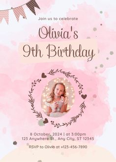 a pink birthday party flyer with a photo on it