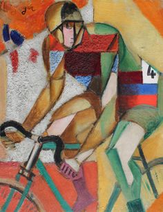 a painting of a man riding a bike