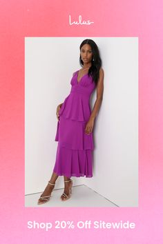 Any event will feel like a celebration when you're in the Lulus Celebration Time Purple Sleeveless Tiered Midi Dress! Woven chiffon shapes this chic dress that has wide straps, a V-neckline (and back), and a fitted bodice. A gathered waist tops an A-line midi skirt that's accented with flouncy tiers. Hidden side zipper/clasp. Fit: This garment fits true to size. Length: Mid-calf length. Size medium measures 50.50" from shoulder to hem. Bust: Great for any cup size. Waist: Fitted - very fitted at Chiffon Midi Dress, Tiered Midi Dress, Lulu Fashion, Dress 100, Wide Straps, Full Skirt, Chic Dress, Fitted Bodice, Ankle Length