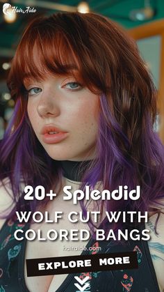 Elevate your look with a medium brown wolf cut, enriched with vibrant purple highlights and striking ginger bangs. A colorful twist! 🟣🧡 Colored Face Framing Hair, Colored Highlights On Brown Hair, Ginger Purple Hair, Wolf Cut Hair Medium, Ginger And Purple Hair, Brown Wolf Cut, Ginger Bangs, Hairstyle With Butterfly Clips, Hairstyle With Butterfly