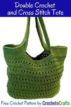 a crocheted bag with the words double crochet and cross stitch tote