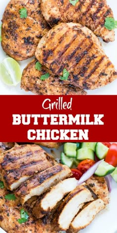 grilled buttermilk chicken on a plate with cucumbers and tomatoes