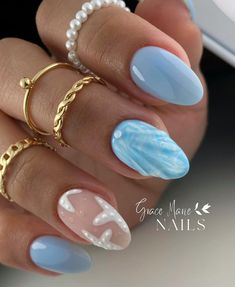 Going To A Wedding Nails, Costal Nail Designs, Coastal Girl Nails, Water Themed Nails, Marie Nails, Cruise Nails, Beachy Nails