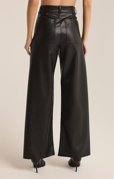 Step into effortless style with these high-rise, full-length pants crafted from midweight faux leather. Featuring a zip fly with button closure and back pockets, they offer a perfect blend of edge and sophistication for any look. Z SUPPLY Women's Rilynn Faux Leather Pant, Black, Extra Small Black Wide-leg Faux Leather Pants, Wide-leg Black Faux Leather Pants, Black Straight Leg Leather Pants With Zipper Closure, High-waisted Faux Leather Pants With Zipper Closure, Edgy Faux Leather Full-length Pants, 50th Clothing, Black Wide Leg Pants, Silk Bottoms, Leather Pant