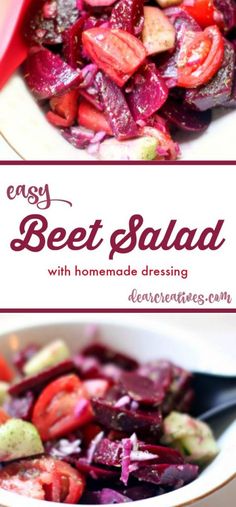 a bowl filled with beet salad next to a spoon