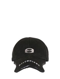 Adjustable strap at back. Front and visor stitched logo details. Intentionally distressed and stained areas may vary Distressed Visor Baseball Cap, Designer Baseball Cap With Curved Brim For Streetwear, Designer Curved Brim Baseball Cap For Streetwear, Distressed Hat With Curved Visor For Streetwear, Balenciaga Men, Black Hat, Black Men, Balenciaga, Accessories Hats