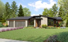 this is a computer rendering of a modern style house in the suburbs with landscaping and trees