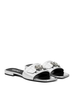 Versace Women's Medusa Medallion Flat Slide Sandals Versace Sandals Women, Luxury Summer Slides With Tang Buckle, Versace Slides, Luxury Silver Slip-on Sandals, Medusa Medallion, Luxury Women's Sandals With Silver-tone Hardware, Versace Sandals, Versace Shoes, Silver Sandals