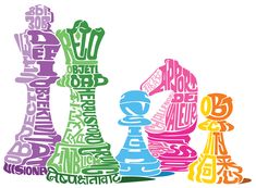 colorful chess pieces with words written on them