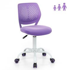 a purple office chair sitting on top of a white table