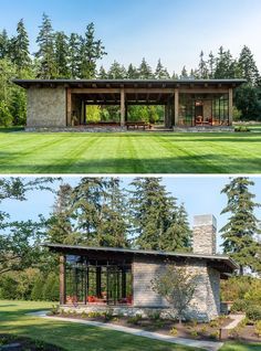 two different views of a house in the middle of trees and grass, one with a covered porch