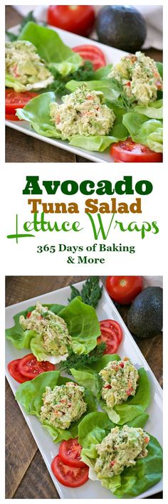 avocado tuna salad lettuce wraps with tomatoes and more on a plate