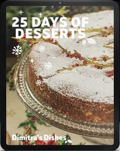 the cover of 25 days of desserts, featuring a cake covered in powdered sugar and sprinkles