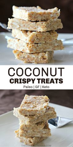 coconut crispy treats stacked on top of each other