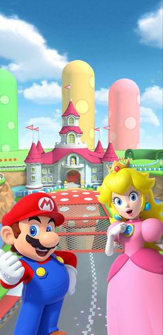 mario and princess peach in front of a castle