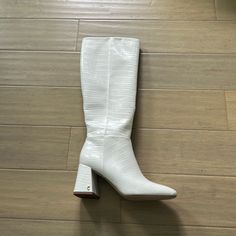 Never Worn, Has Like Stretchy Material By Zipper So Size Is Adjustable In That Sense White Heeled Boots With Padded Heel For Fall, White Pointed Toe Heeled Boots With Medium Width, White Heeled Boots With Round Toe Medium Width, White Heeled Boots With Reinforced Heel And Square Toe, White Boots With Block Heel And Medium Width, White Heeled Boots With Square Toe And Reinforced Heel, White Heeled Boots With Reinforced Heel, White Synthetic Boots With Padded Heel, White High Heel Boots With Padded Heel