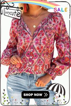 Rose Split Neckline Front Buttons Floral Print Blouse Pink Printed V-neck Blouse, Feminine Pink Blouse For Fall, Pink Floral Print V-neck Blouse, Bohemian Pink Printed Blouse, Floral Print Blouses, Print Blouse, Women Tops, Printed Blouse, Split