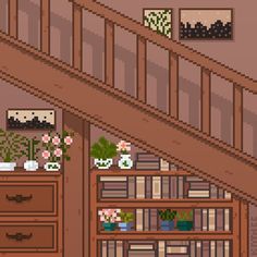 an image of a living room with bookshelves and plants