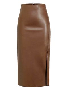 The Ruched Faux Leather Slit Midi Skirt is a striking blend of elegance and edge, designed to elevate any wardrobe. Its ruched detailing provides a flattering fit that accentuates the curves, while the smooth faux leather fabric adds a luxurious touch. A stylish side slit introduces a hint of allure, making it perfect for both casual outings and more formal events. This versatile midi skirt pairs beautifully with a variety of tops, making it a must-have for those looking to make a bold fashion statement. Pu Leather Skirt, Skirt High Waist, Zipper Skirt, Long Skirts For Women, Black Leather Skirts, Faux Leather Fabric, Faux Leather Skirt, Leather Pattern, Dress Zipper