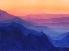 a watercolor painting of mountains at sunset