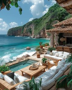 an outdoor living area overlooking the ocean