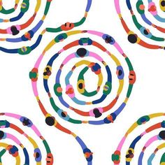 an abstract pattern made up of circles and dots on a white background with multicolored lines