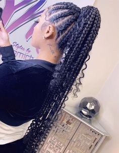 Braided Boho Ponytail For Black Women, Braids Feed In, Ponytail Braids Black Women, Braided Goddess Ponytail, Pretty Braided Ponytails, Ponytail Braid Hairstyles For Black Women, Feed In Ponytail With Curly Hair, Braided Up Ponytail Black Women, Feed In Braid Ponytail