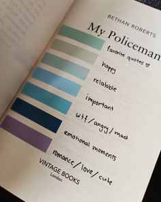 my personal annotation key for My Policeman by Bethan Roberts Book Annotation Tab Key, Thriller Book Annotation Key, Annotating Tabs Key, Romance Annotation Key, How To Tab A Book, Book Marking Key, Book Annotation Ideas Key