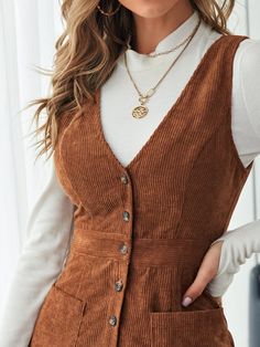 Sequin Cami Dress, Striped Tunic Dress, Ribbed Knit Dress, Corduroy Dress, Dress For Short Women, Overall Dress, Brown Fashion, Single Breasted, Patch Pocket