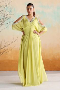 Neon green draped kaftan with zari embroidered floral motifs, embellished by beads and mirrorwork. - Aza Fashions Draped Kaftan, Kaftan Pattern, Kaftan Women, Green Drapes, Kaftan For Women, Satin Color, Floral Motifs, Aza Fashion, Neon Green