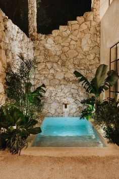 an outdoor swimming pool surrounded by plants and rocks