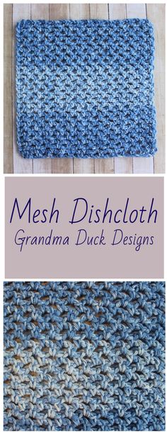 two photos showing the same color scheme for a dishcloth, with text that reads mesh dishcloth grandma duck designs